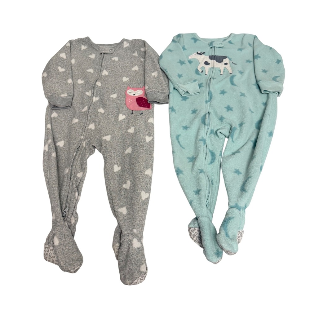 Carters 18M Fleece Footed Pajamas Set 2 Pack Owl Heart Cow Star Gray Aqua Blue